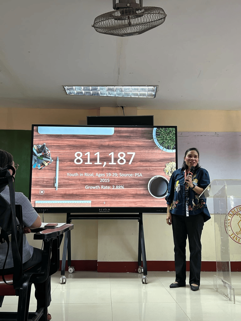 A speaker stands beside a large monitor displaying data on youth in Rizal—“811,187, Ages 19-29, Source: PSA 2015, Growth Rate 2.88%”—while delivering a presentation to an audience.