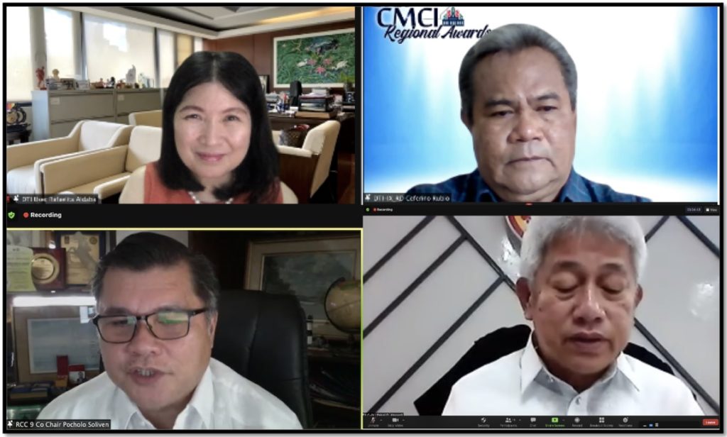 Undersecretary Rafaelita M. Aldaba, Ph.D. of the Competitiveness and Innovation Group (CIG) of the Department of Trade and Industry (DTI), Regional Competitiveness Chair RD Ceferino J. Rubio, CESO V of DTI IX, Co-Vice Chair Mr. Pedro Rufo “Cholo” N. Soliven of Zamboanga Chamber of Commerce and Industry, Inc. and Co-Vice Chair, RD Paisal O. Abutazil of the DILG IX during the 2020 Zampen CMCI Regional Awards via Zoom. 
