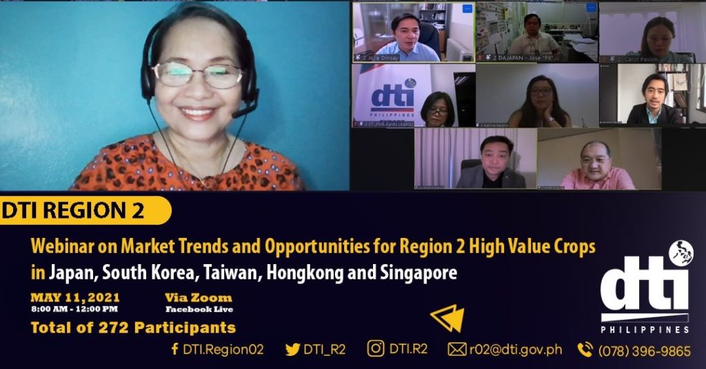 A Zoom screenshot of guest speakers (L-R): DTI Region2  Regional Director Leah Pulido-Ocampo, Jojie Dinsay of PTIC-Seoul, Pit Laquian, agriculture attaché of the Department of Agriculture, Carol Pasion of DA-Region 2, Agnes Legaspi of DTI Export Marketing Bureau, Katrina Banzon of PTIC-Singapore, Roberto Mabalot of PTIC-Hong Kong, Michael Ignacio of PTIC-Taipei, and Kenneth Yap of PTIC-Tokyo. 