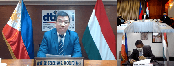 DTI Undersecretary Ceferino Rodolfo serves as witness to the signing of the MOU between the Philippine International Trading Corporation President through Dave Almarinez and the Hungarian Export Promotion Agency through CEO Dr Kristof Szabo