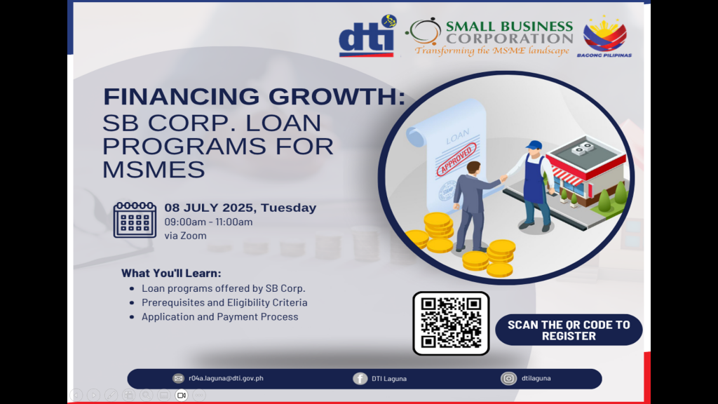 Screenshot of the DTI-Laguna and SB Corp. webinar titled “Financing Growth: SB Corp. Loan Programs for MSMEs” held during National MSME Week 2025.