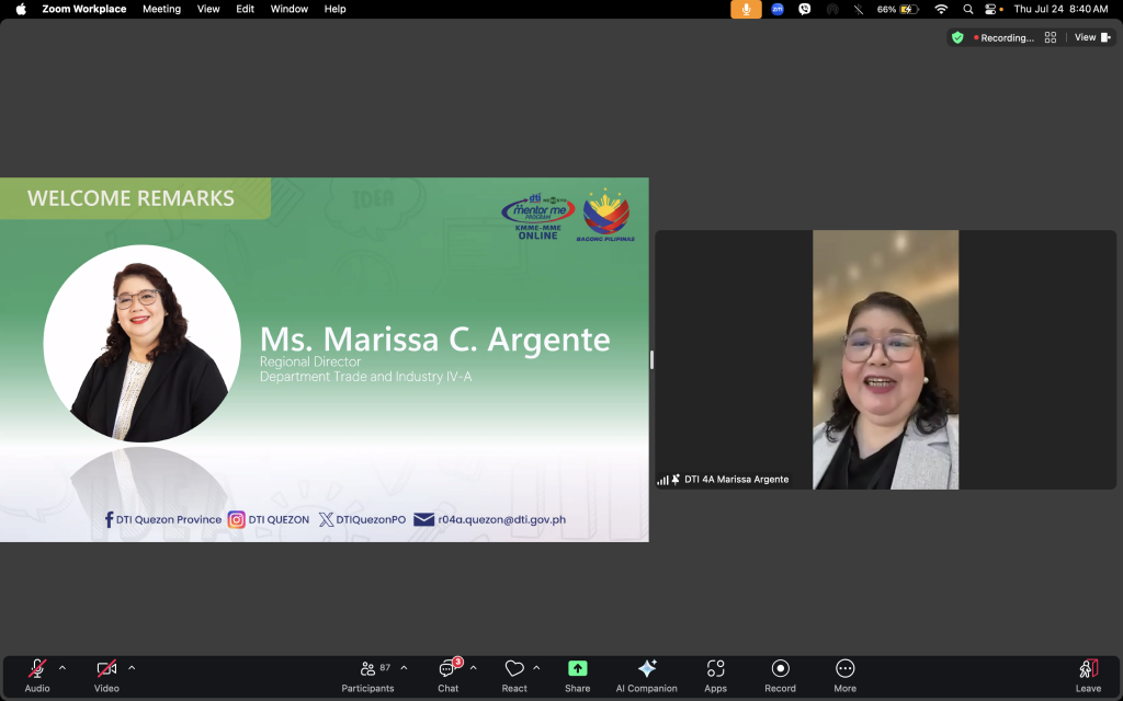 Screenshots from the 2nd batch rollout of the 2025 KMME-MME Online program for CALABARZON MSMEs, showing participants, mentors, and program activities conducted via Zoom