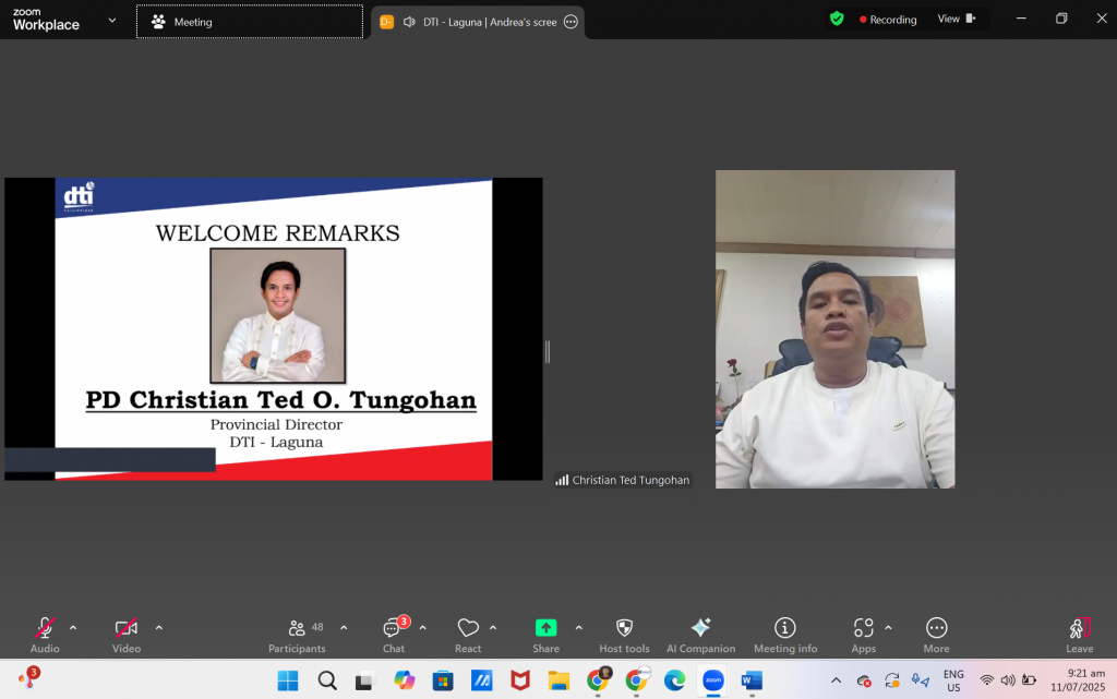 Screenshots from the DTI Laguna MSME webinar on customer engagement and satisfaction feedback programs, showing participants, speakers, and presentation slides during the virtual session held as part of National MSME Week 2025