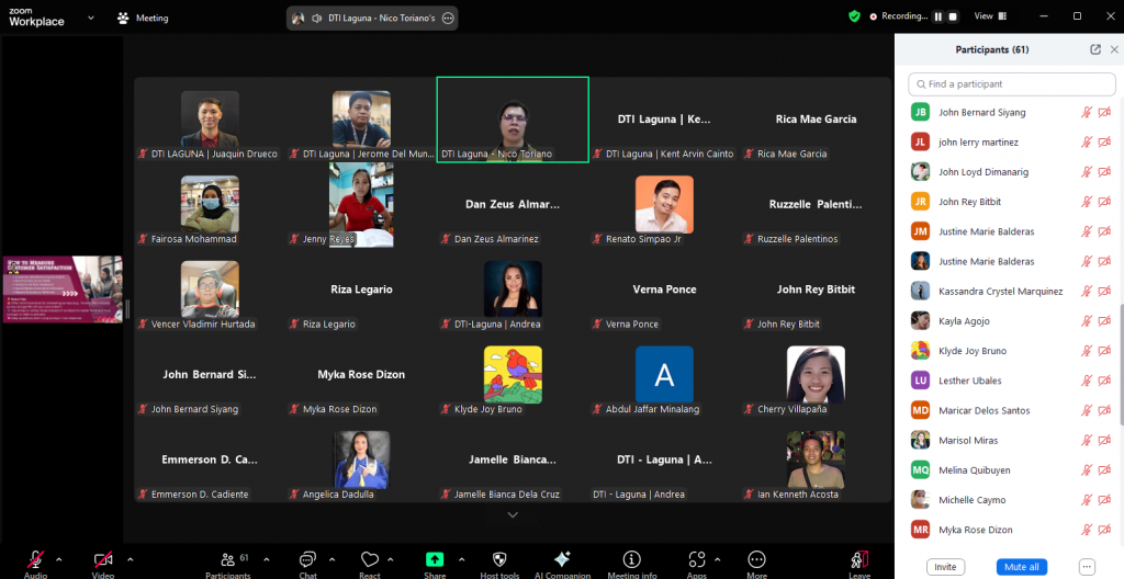 Screenshots from the DTI Laguna MSME webinar on customer engagement and satisfaction feedback programs, showing participants, speakers, and presentation slides during the virtual session held as part of National MSME Week 2025