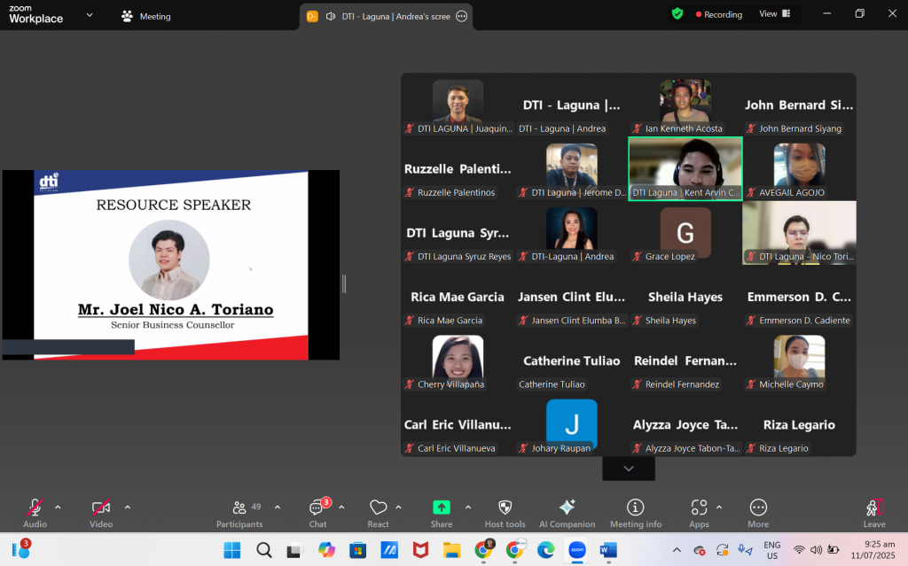 Screenshots from the DTI Laguna MSME webinar on customer engagement and satisfaction feedback programs, showing participants, speakers, and presentation slides during the virtual session held as part of National MSME Week 2025