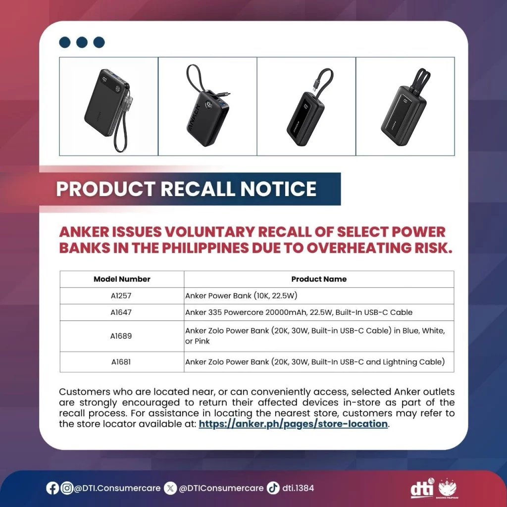 Product recall notice for Anker power banks in the Philippines due to overheating risk. Includes images and model names of affected units: A1257, A1647, A1689, and A1681. Advises customers to return affected devices in-store and provides a link to store locations.