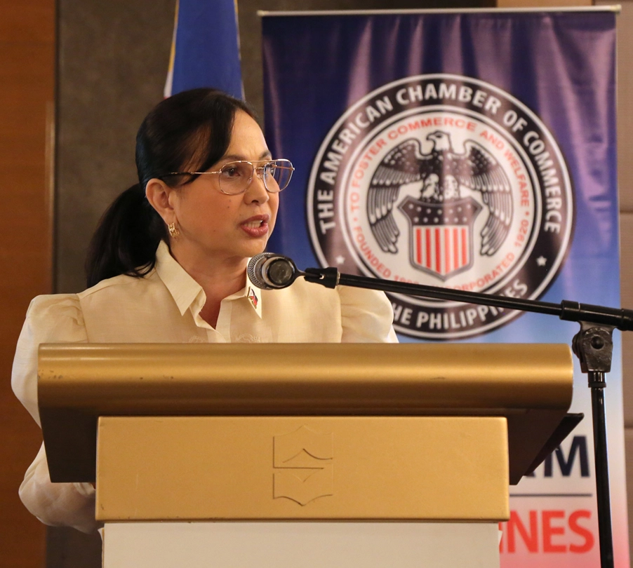 DTI Secretary Cristina A. Roque delivering her keynote speech at the American Chamber of Commerce (AmCham) event in Makati City, Philippines.