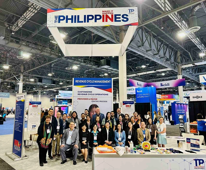 The Philippine delegation, including DTI officials and representatives from HIMS companies, pose for a group photo inside the official "The Philippines" pavilion at the HIMSS Global Health Conference and Exhibition 2025 in Las Vegas.