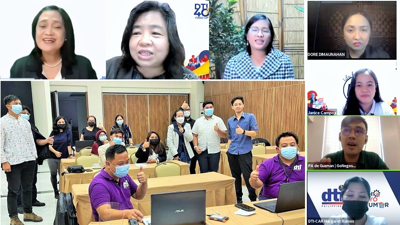 Composite photo shows DTI-ROG Usec Blesila Lantayona, DTI-CAR OIC RD Juliet Lucas on top inset with Baguio-Benguet KMME participants, lecturers and DTI coordinators.