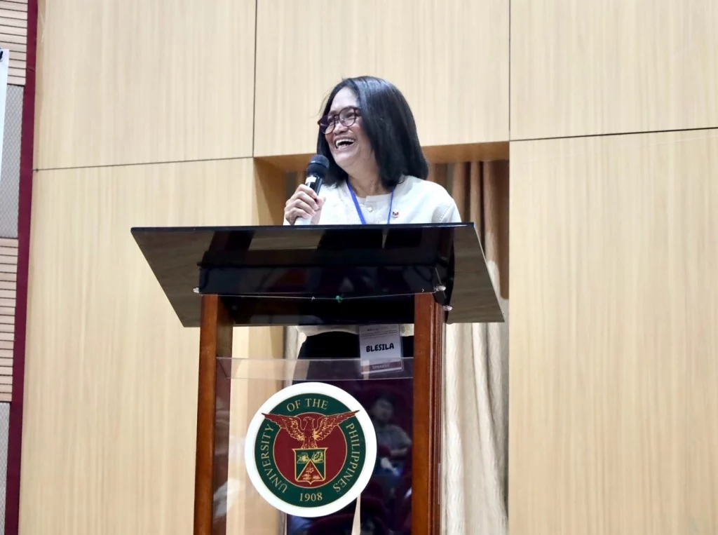 Blesila Lantayona of DTI speaking at the National Social Entrepreneurship Conference (NSEC) 2025 at the University of the Philippines.