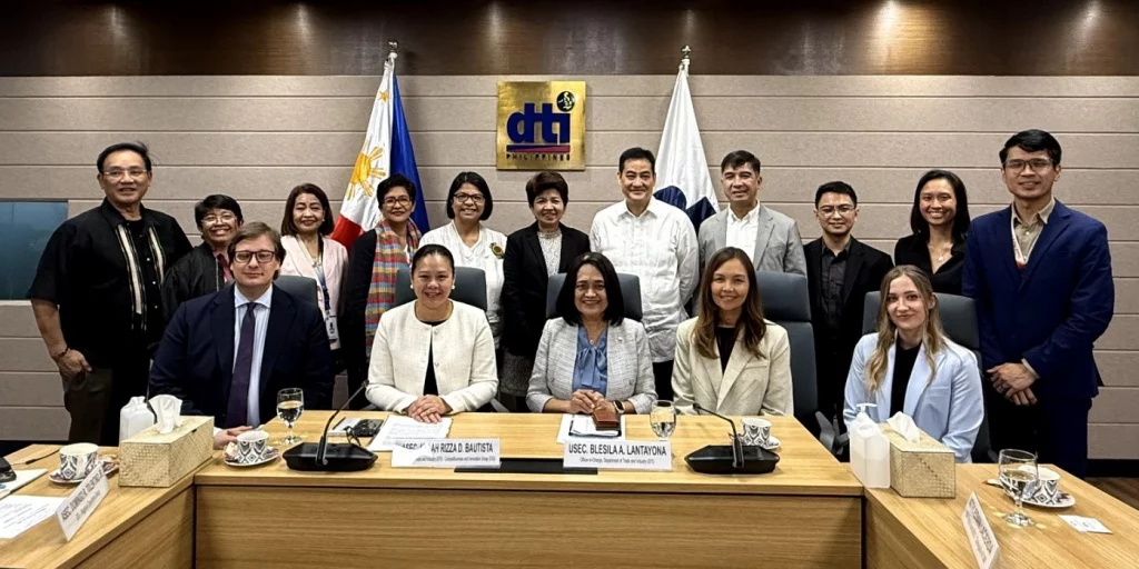 A group photo taken at the DTI Boardroom in Makati City showing key stakeholders from the Department of Trade and Industry (DTI), SM Investments Corporation, Google Philippines, and the World Economic Forum (WEF) during a high-level meeting discussing the Future of Jobs Accelerator for MSME Development in the Philippines.