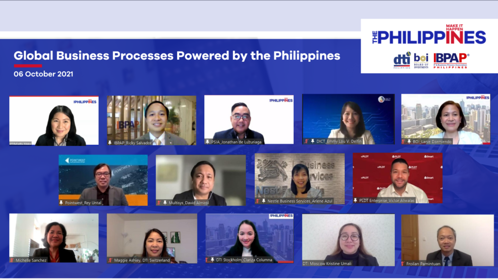(Top row L-R) Undersecretary Rafaelita Aldaba, DTI; Ricky Salvador, Executive Director External Affairs and Investor Relations, IBPAP;  Jonathan de Luzuriaga, President, PSIA; Emmy Lou Delfin, Director, DICT; Lanie Dormiendo,  Director, BOI; (Middle row L-R) Rey Untal, CEO and President, Pointwest;  David Almirol, CEO and Founder, Multisys Technologies Corporation; Arlene Azul,  Head of Business Services, Nestle's Business Services; Victor Aliwalas, Vice President, PLDT Alpha Enterprise (Bottom row L-R) Michelle Sanchez, Commercial Counsellor, PTIC London; Magnolia Ashley, Commercial Counsellor, PTIC Bern; Clariza Columna, Commercial Counsellor, PTIC Stockholm; Kristine Umali, Commercial Counsellor, PTIC Moscow; Froilan Pamintuan, Commercial Counsellor, PTIC Paris 