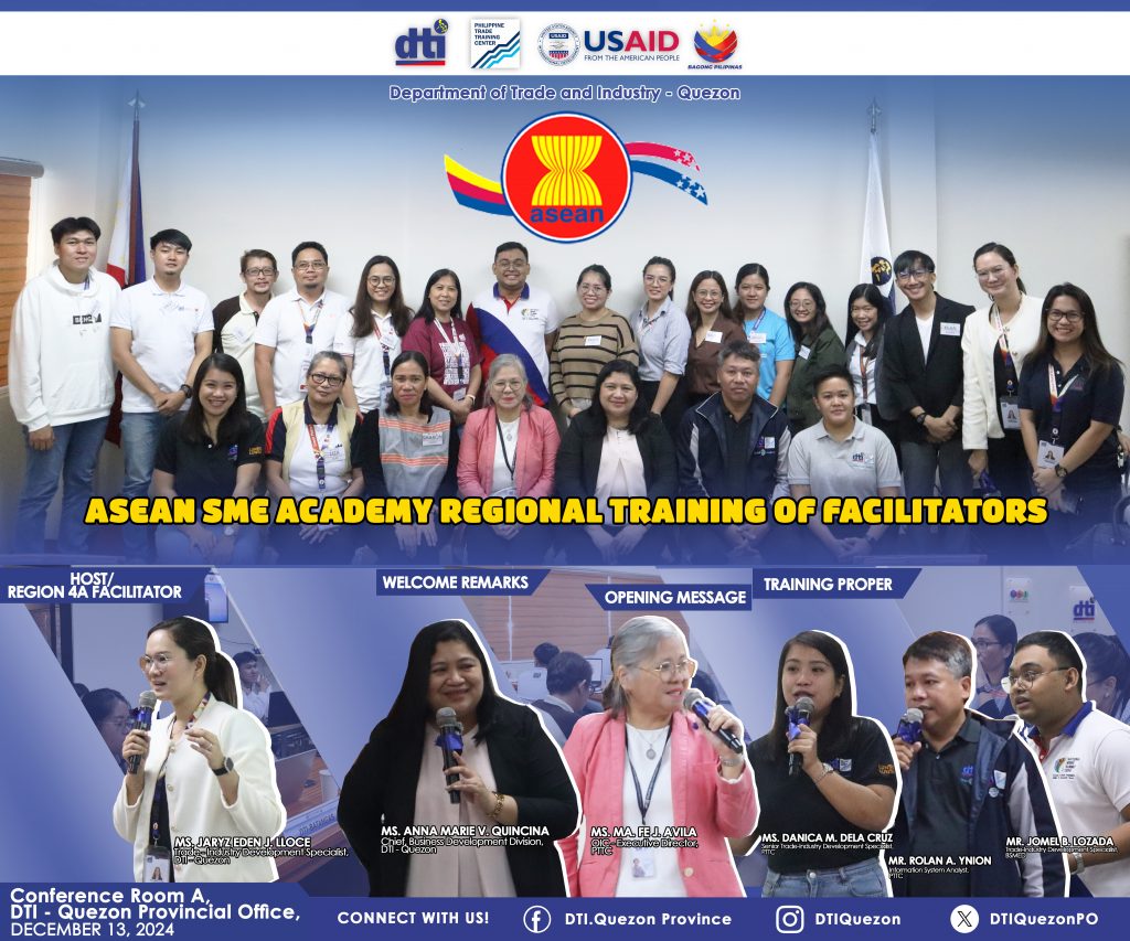 Group photo of participants and organizers at the ASEAN SME Academy Regional Training of Facilitators, held at DTI Quezon Provincial Office, with highlights of key activities including hosting by Region 4A facilitator, welcome remarks, opening message, and training proper