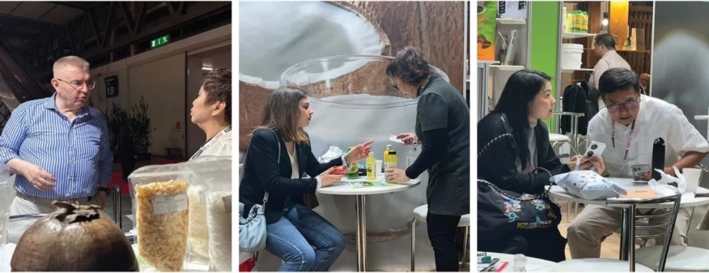 Scenes from the Philippine booth at TuttoFood Milano featuring coconut-based products. The image is divided into three sections: a man in a blue striped shirt stands beside a display of food items including grains and coconut products; two women converse over drinks and snacks at a small round table; and two individuals review something on their devices while seated at another table with food and beverages.