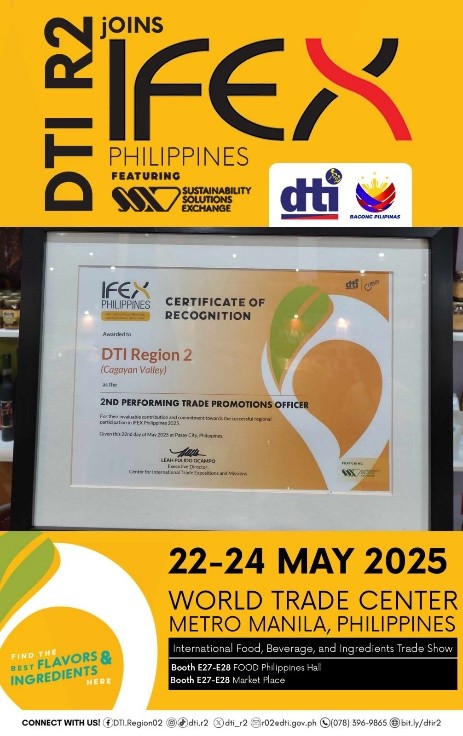 DTI Region 2 team showcasing Cagayan Valley products at IFEX Philippines 2025, featuring vibrant booth displays and engaged trade promotions officers
