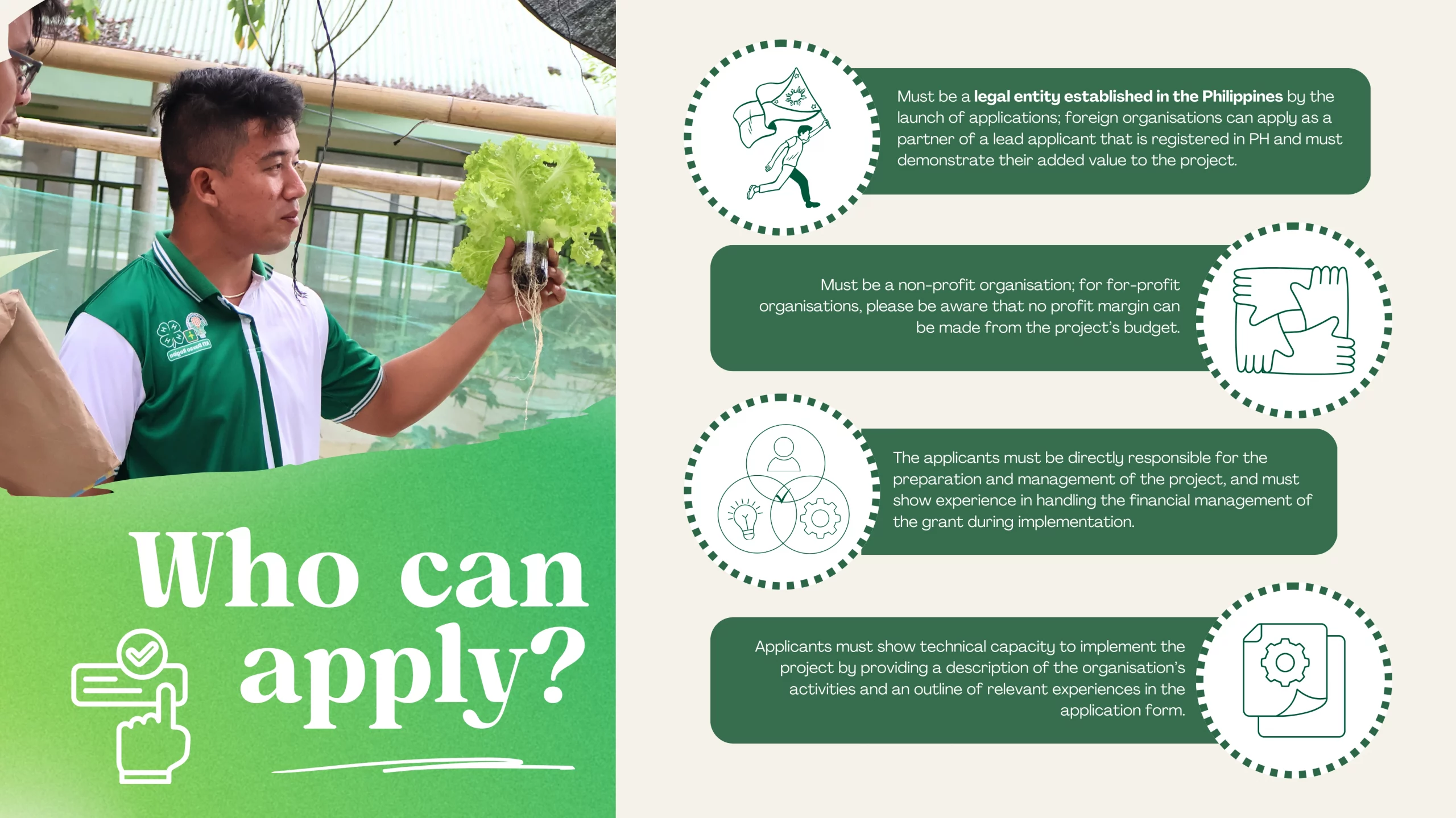 A promotional graphic titled “Who can apply?” showing a man in a green polo shirt holding a hydroponic plant on the left. On the right, there are four bullet points and icons listing eligibility criteria, such as being a legal entity in the Philippines, demonstrating nonprofit or for-profit status, being directly responsible for project finances, and having the technical capacity to implement the project.
