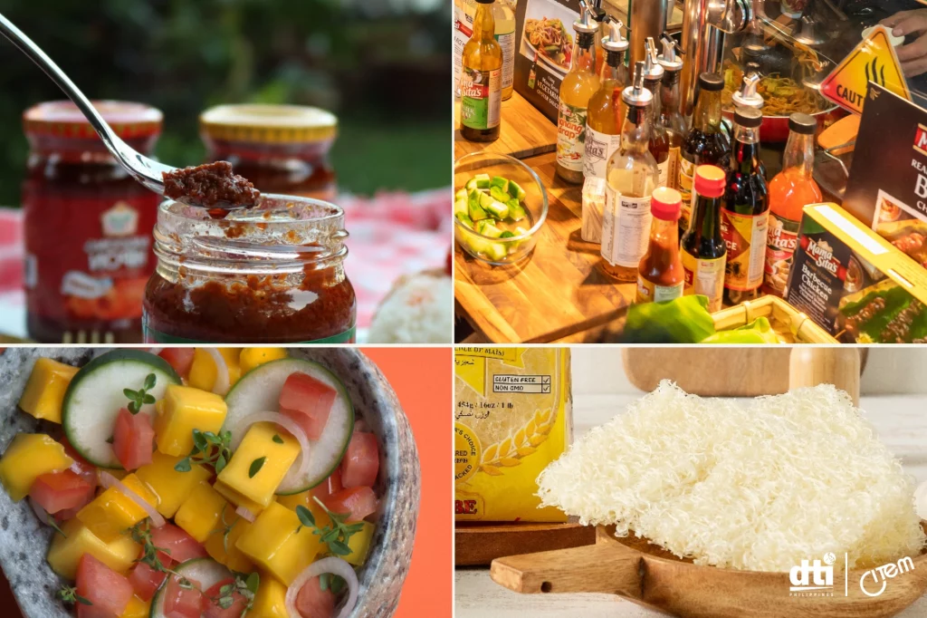 A collage of four food-related images. The top-left image shows a small jar of red paste, possibly a condiment or sauce, being scooped with a spoon. Two other jars are visible in the background, suggesting a selection of preserved food items. The top-right image features various bottles and jars of sauces and spices, along with a bowl of sliced green vegetables, possibly avocado or cucumber. The bottom-left image shows a bowl of salad with diced mango, cucumber, and tomato, garnished with herbs. The bottom-right image displays a pile of white, shredded food, possibly a type of grain or coconut, on a wooden board. A logo for 'dti' is visible in the bottom right corner, suggesting a connection to the Philippine Department of Trade and Industry. The overall composition of the collage suggests a presentation of diverse food products, possibly from the Philippine Pavilion at Gulfood 2025, as mentioned in the caption.