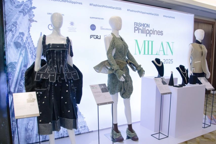 Three mannequins showcase avant-garde outfits made by Filipino designers for the FASHIONPhilippines Milan 2025 exhibit, part of DTI-CITEM’s initiative to promote sustainable Philippine fashion at Milan Fashion Week Spring/Summer 2026.