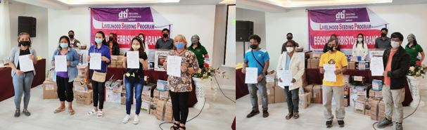 Standing on the left are the five Food Processing micro entrepreneurs from the barangays of Dagupan West, Laya East, Bulanao Norte, Appas, and Lanna, respectively. On the right are the four soft broom manufacturers of Brgy. Magnao, Tabuk City. The livelihood starter kits were awarded by PD Renie M. Ramos, Ms. Benedicta Mangadap, TIDS, of DTI-Kalinga.