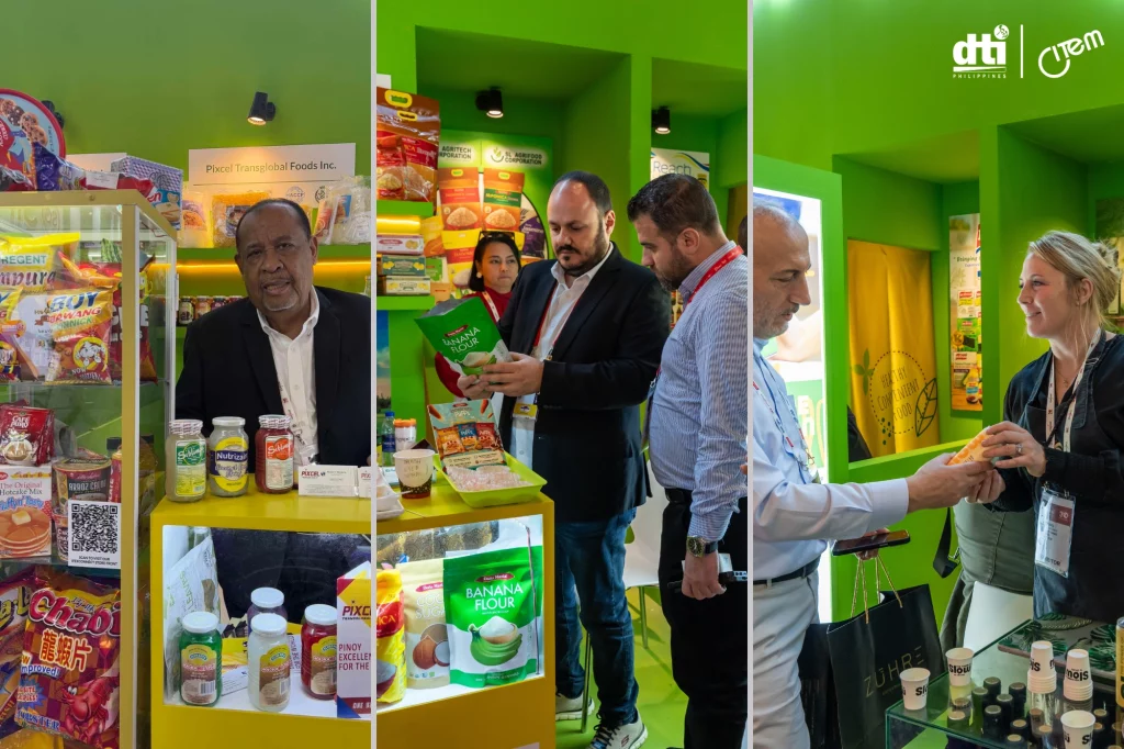 A triptych of three vertical images showing individuals at a brightly colored booth, possibly at a trade show or exhibition. The booth is predominantly green and features various food products.

The left image shows a man, who appears to be of African descent based on his features, standing behind a display case filled with packaged food items. He is wearing a dark suit and smiling. The display case contains jars, cans, and bags of snacks.

The middle image shows two men, who may be of Middle Eastern or Mediterranean descent based on their features, looking at a package of 'Banana Flour'. One man is holding the package, and the other is observing. A woman is partially visible in the background.

The right image shows a man and a woman, who appears to be of Caucasian descent, engaged in a conversation. The man is handing the woman a small object. The booth features various small jars and bottles.

The caption mentions 'PIXCEL Transglobal Food, Inc.', 'SL Agritech Corporation', and 'Lionheart Farms (Philippines) Corporation', suggesting that these are the companies represented in the images. The booth also features logos for 'dti' and 'citem', indicating a connection to the Philippine Department of Trade and Industry. The overall setting appears to be a busy and commercial environment, possibly a food-related trade exhibition.