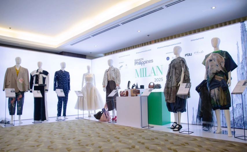 Mannequins dressed in diverse Filipino designer outfits are displayed at the FASHIONPhilippines Milan 2025 exhibit, part of DTI-CITEM’s initiative to promote Philippine fashion and sustainable textiles ahead of Milan Fashion Week Spring/Summer 2026.
