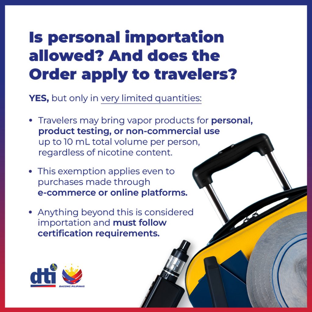 Informational poster with a blue border and white background from the Department of Trade and Industry (DTI) and the Republic of the Philippines. The title asks, 'Is personal importation allowed? And does the Order apply to travelers?' It answers 'YES, but only in very limited quantities,' followed by three bullet points explaining that travelers may bring up to 10 mL of vapor products for personal, testing, or non-commercial use; this applies even to online purchases; and anything beyond this is considered importation requiring certification. A yellow suitcase with a black handle and a gray hat is shown on the right side.