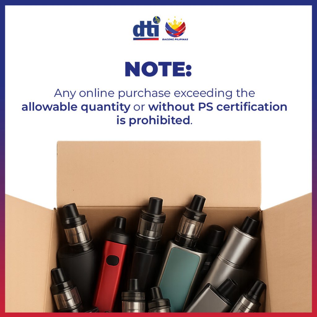 Image showing a cardboard box filled with various vape devices. A note above the box states: 'Any online purchase exceeding the allowable quantity or without PS certification is prohibited.' Logos of DTI and Bagong Pilipinas are displayed at the top.