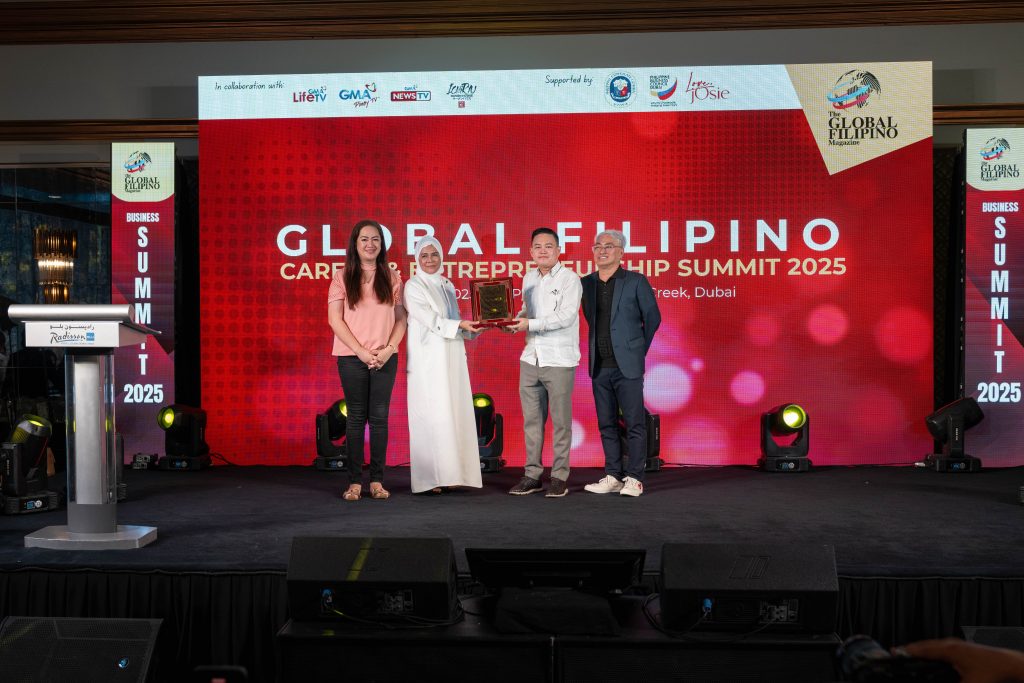 In photo: PTIC-Dubai Trade Commissioner Vichael Angelo Roaring (second from left) represents the Philippine Trade Section at the Global Filipino Career & Entrepreneurship Summit 2025. Photo courtesy of The Global Filipino Magazine. 