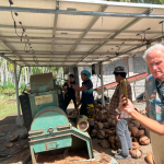 Workers operate machinery while discussing with PUM expert Mr. Cees de Kreij, surrounded by coconuts in an outdoor setting.
