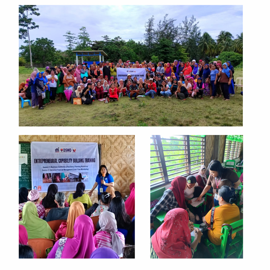 A collage of three images showing the Department of Trade and Industry (DTI) and the Department of Social Welfare and Development (DSWD) conducting an entrepreneurial capability building training for indigenous people in Palawan. The top image shows a large group of participants posing outdoors with banners. The bottom left image shows a speaker addressing a group of women seated indoors, with a banner in the background that reads 'Entrepreneurial Capability Building Training.' The bottom right image shows small groups engaged in discussions or activities inside a classroom.