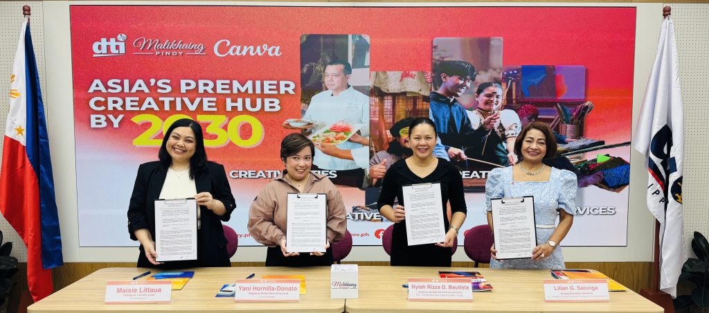 
In Photo (from L-R): Canva Country Director Maisie Littua, Canva Southeast Asia Regional Lead Yani Hornilla-Donato, Department of Trade and Industry Competitiveness and Innovation Group Supervising Head and Assistant Secretary Nylah Rizza D. Bautista, and Philippine Creative Industries Development Council Secretariat Acting Executive Director Lilian G. Salonga during the signing ceremony of the Memorandum of Understanding. 
