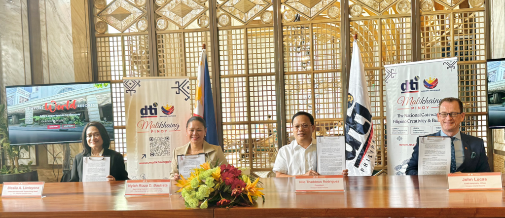 In Photo: (From L-R) DTI officials Undersecretary and Supervising Head of the Regional Operations Group Blesila A. Lantayona, and Assistant Secretary and Supervising Head of the Competitiveness and Innovation Group Nylah Rizza D. Bautista, together with Newport World Resorts officials Mr. Nilo Thaddeus Rodriguez and Mr. John Lucas, formalizing the partnership with the signing of the Memorandum of Understanding.