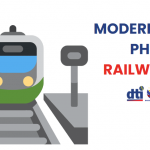 Image promoting the modernization of Philippine railways, featuring a cartoon-style train on tracks, a railway signal, "Modernized PH Railways" text, and the DTI (Department of Trade and Industry) logo.