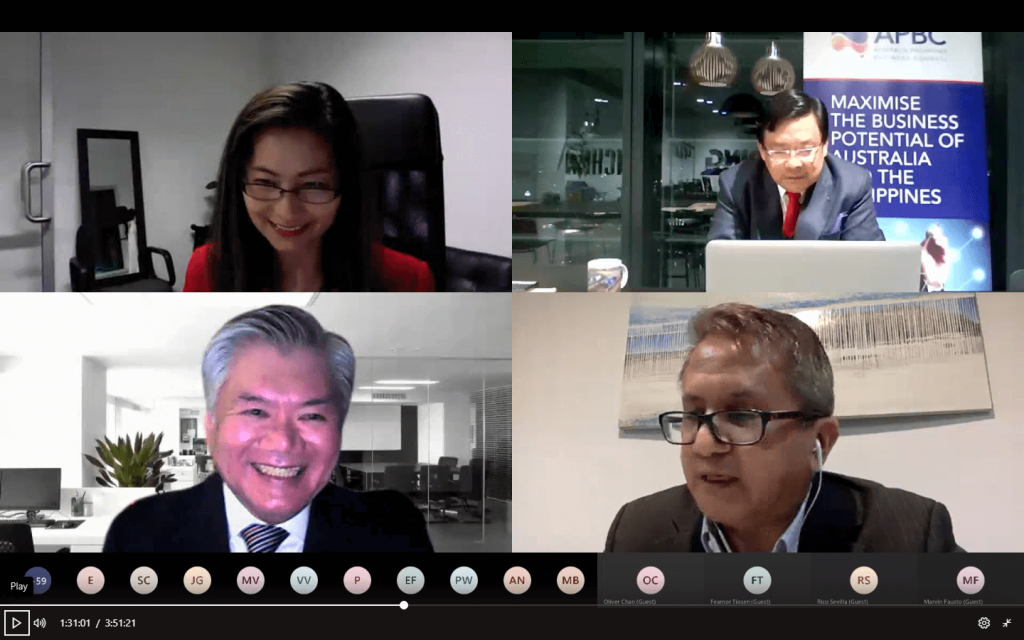 CLOCKWISE FROM TOP: Ms. Alma F. Argayoso, Consul Commercial, PTIC Sydney; Mr. Eduardo Alcordo, President, Australia Philippines Business Council (APBC); Mr. Anthony Mandap, Deputy Consul General, Philippine Consulate General Melbourne and Mr. Manuel Arbues II, Regional Head of Asia-Pacific, Europe, Middle East and Africa, Ayala Land International Sales