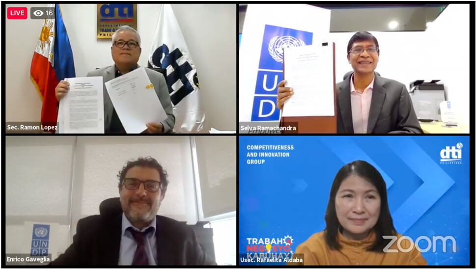 L to R, first to second row: Trade Secretary Ramon Lopez, UNDP Philippines Resident Representative Dr. Selva Ramachandran, UNDP Philippines Deputy Resident Representative Enrico Gaveglia, DTI Undersecretary for Competitiveness and Innovation Group Rafaelita Aldaba 
