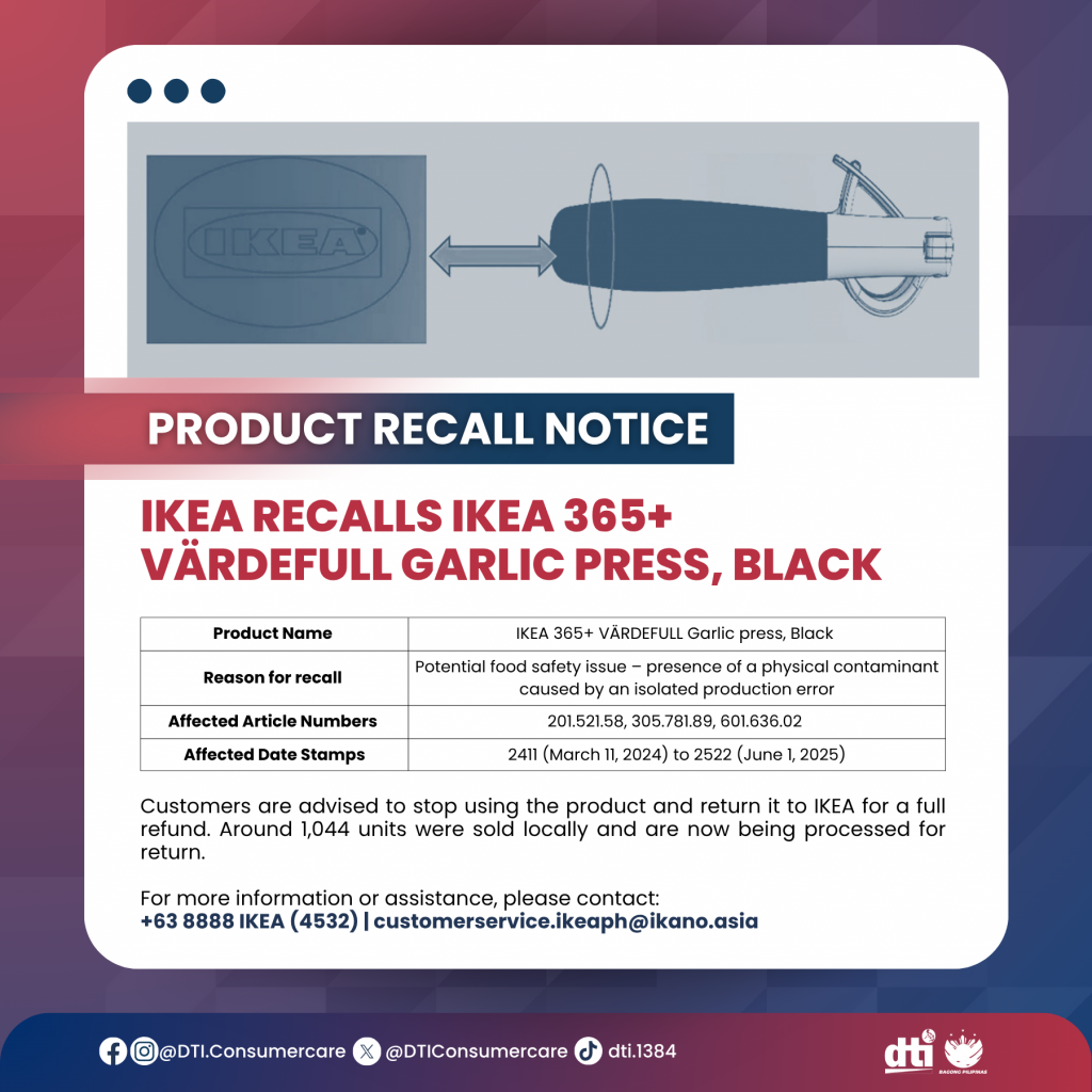 Product recall notice for the IKEA 365+ VÄRDEFULL Garlic Press, black, highlighting a potential food safety issue due to physical contamination from a production error. Includes product image, affected article numbers (201.521.58, 305.781.89, 601.636.02), and date stamps (2411 to 2522). Advises customers to stop using the product and return it to IKEA for a full refund.
