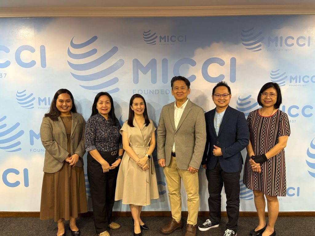 A group photo of six individuals standing in front of a blue backdrop with the "MICCI" logo. The meeting attendees include business leaders and representatives from MCMTC and PTIC-KL. They are dressed in professional attire, standing closely together, and smiling at the camera. The setting appears to be an indoor corporate or conference space.