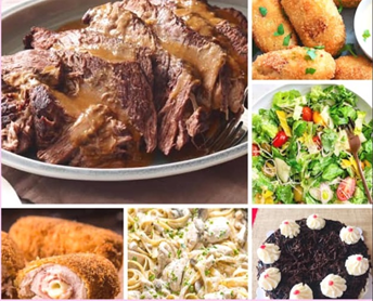 Roast beef, salad, croquettes, and cakes—these are among the sumptuous fiesta packages offered by Racquel’s Bakeshop and Catering Services. Photo from Facebook page of Racquel’s Bakeshop and Catering Services.  
