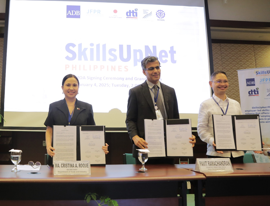 DTI Secretary Cristina A. Roque, ADB Philippines Country Office Country Director Pavit Ramachandran, TESDA Director General Jose Francisco Benitez during the launch of SkillsUpNet Philippines.