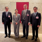 A group photograph of four individuals: Mr. Seiji Imai, Chairman of the Japan-Asia Relations Committee of Keizai Doyukai, Secretary Cristina A. Roque, PHILJEC President and CEO Richard Albert I. Osmond, and PHILJEC Chairman Alfred V. Ty.