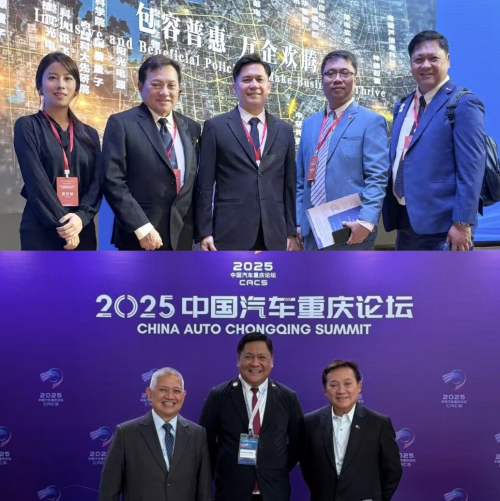 Top: PTIC-Shanghai Vice Consul (Commercial) Jose Dinsay with the Philippine delegation at the RCEP China-ASEAN New Energy Vehicle Industry Cooperation Conference. Bottom: PTIC-Beijing Commercial Counsellor Glenn Peñaranda, EVAP President Edmund Araga, and EVAP Chairman Emeritus Ferdi Raquelsantos at CACS 2025.