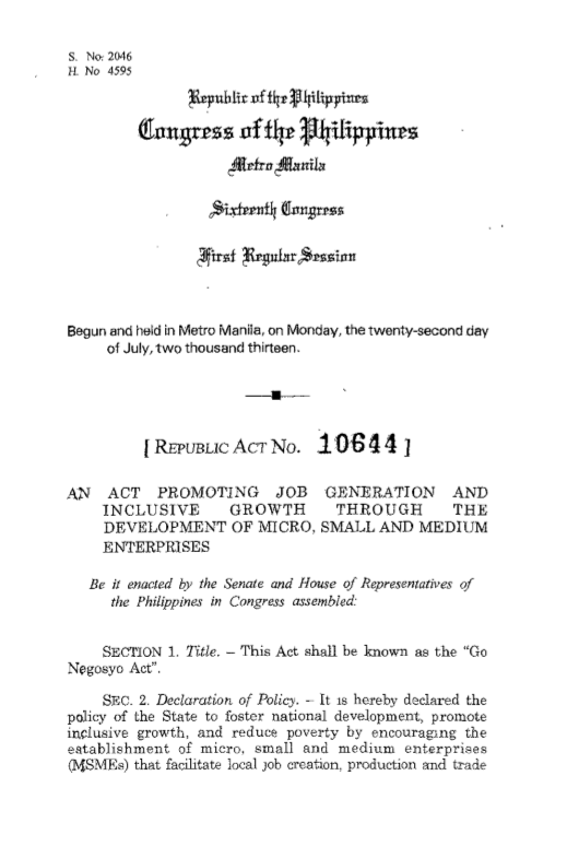 Republic Act No. 10644: Go Negosyo Act
