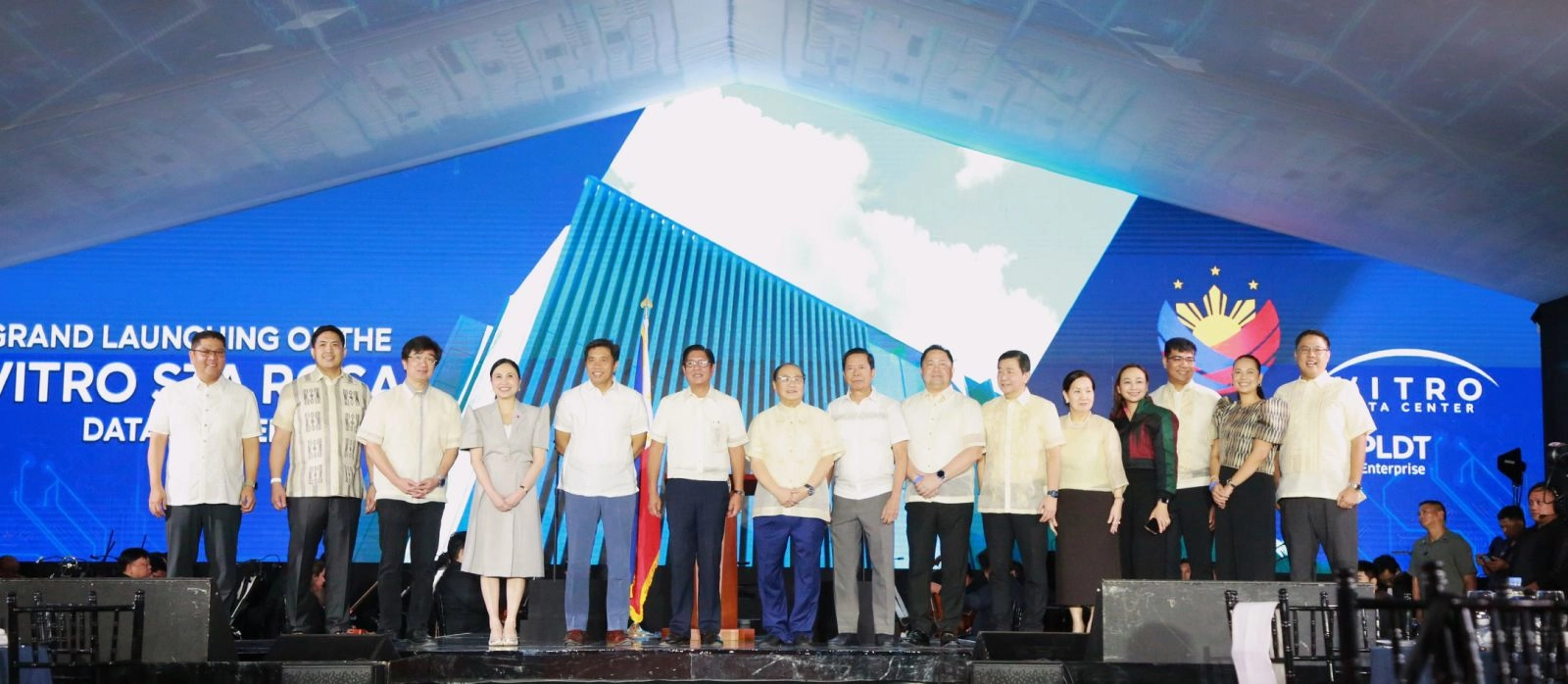 President Marcos, Secretary Roque, and other officials pose for a photo at the grand launching of the VITRO Sta. Rosa Data Center, a state of the art AI-ready hyperscale facility in the Philippines, as described in the article.